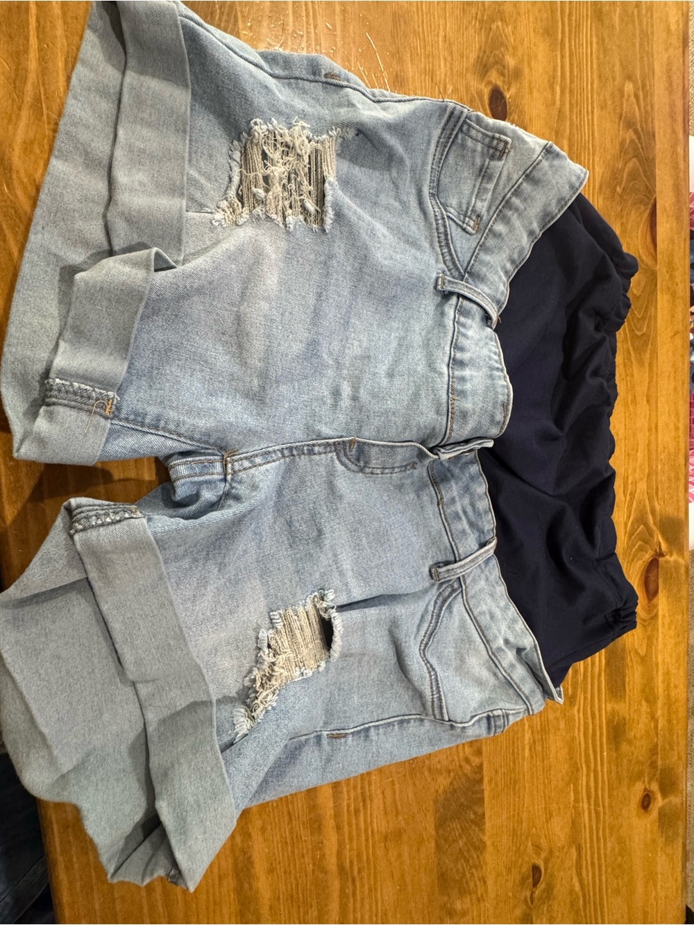 SHEIN Light Blue Distressed Denim Maternity Shorts with Navy Panel